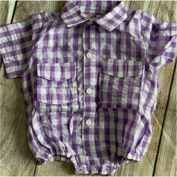 Pruple Gingham Fishing Style Onesie - Picture 1 of 2